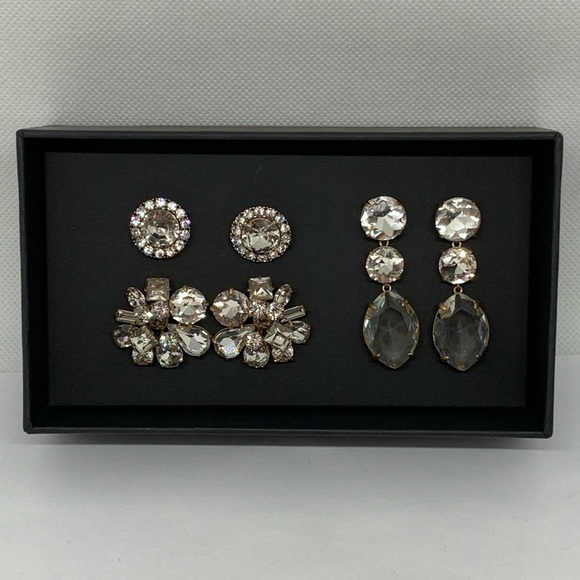 J. Crew Three Pair Crystal Earrings Box Set NWT - Picture 2 of 6